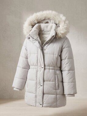 Abercrombie & Fitch Kids Light Gray Hooded Puffer Coat with Faux Fur Trim